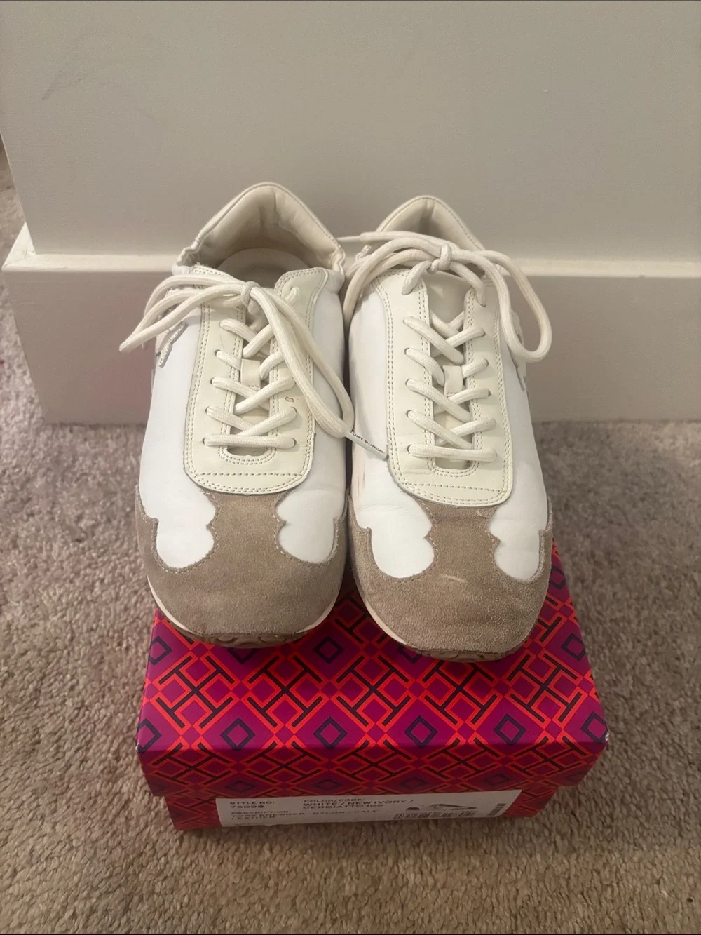 Tory Burch White and Beige Suede-Trim Lace-Up Sneakers